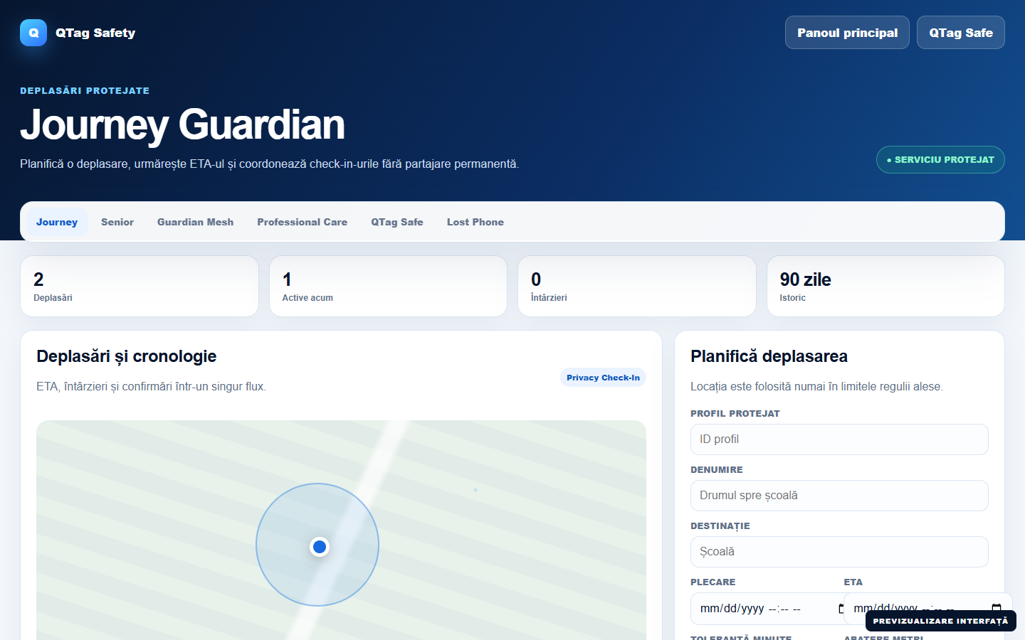 Interfața reală Journey Guardian din panoul QTag