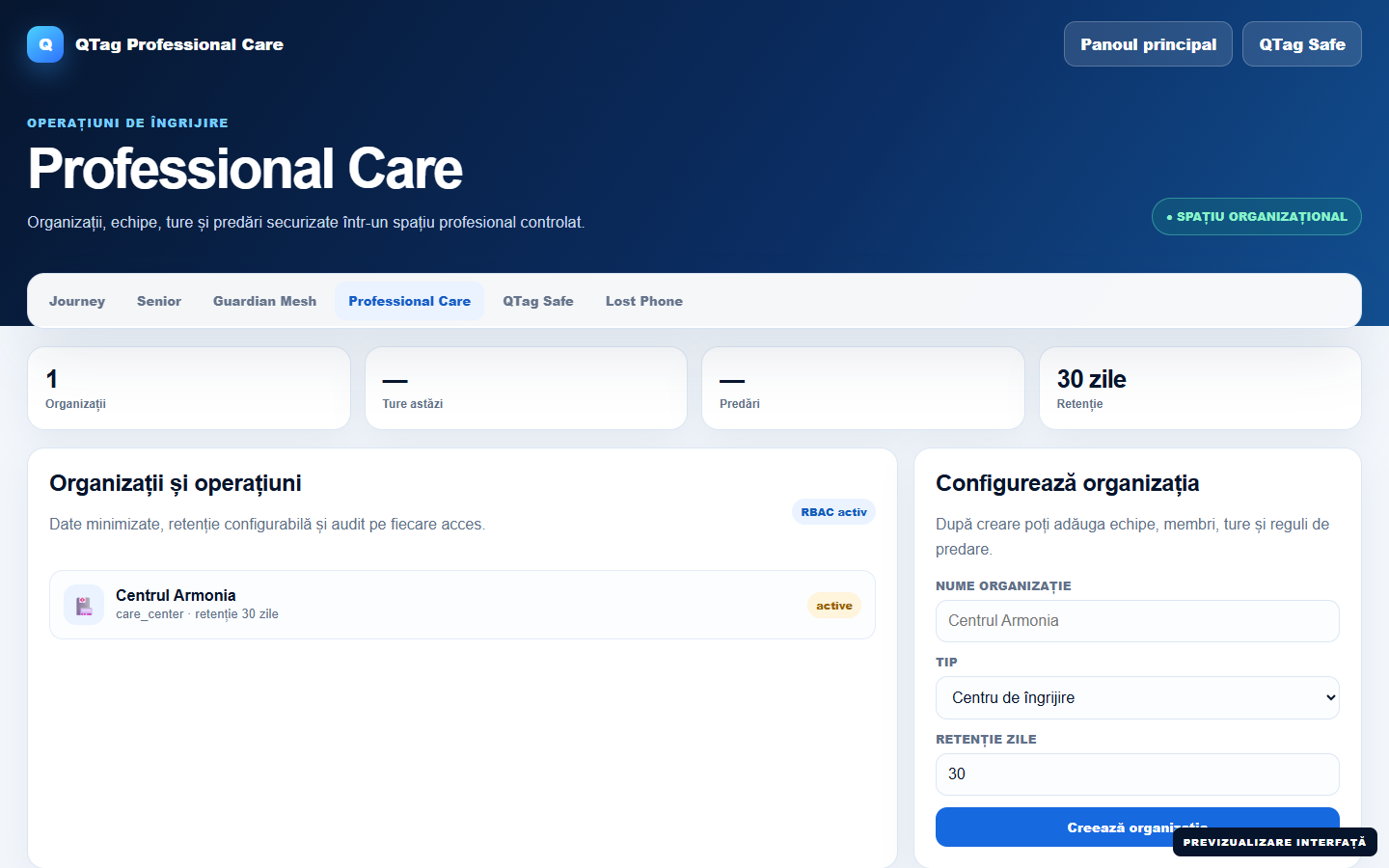 Interfața reală Professional Care din panoul QTag